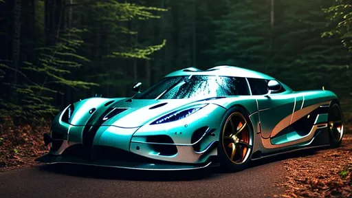 Prompt: koenigsegg regera wide body heavily modified at illegal meet, dark and shadowy background, in the Canadian forest, 30 minutes after sunset, long depth of field.