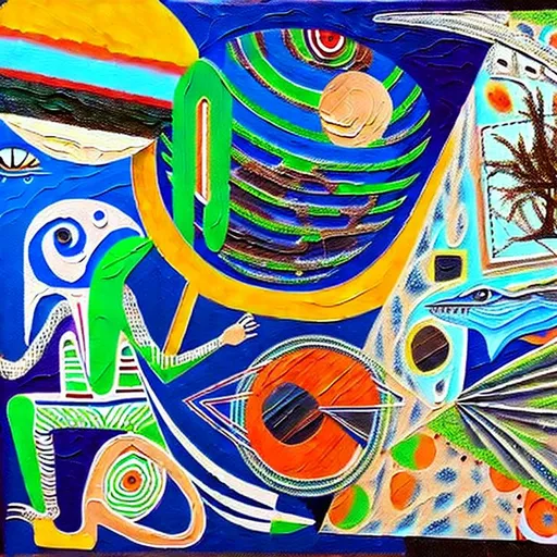 Prompt: A abstract cut up painting with hidden messages and riddles placed on the image realism detailed textured painting of extraterrestrial aliens and space ships and talking trees with a Picasso style mixed with Salvador Dali style 