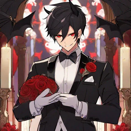 Prompt: Damien  (male, short black hair, red eyes) demon form, wearing a tuxedo, standing at the altar, grinning seductively
