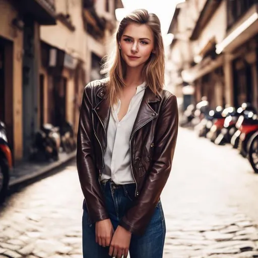 Prompt: beautiful woman standing in the old style street with shoulder lenght dark blond hair, blue eyes, model look, decent smile, during a daytime, in cafe racer modern leather motorcycle light brown jacket, holding motorcycle helmet in her hands, looking directly to the camera, full HD resolution, cafe racer motorcycle in the background