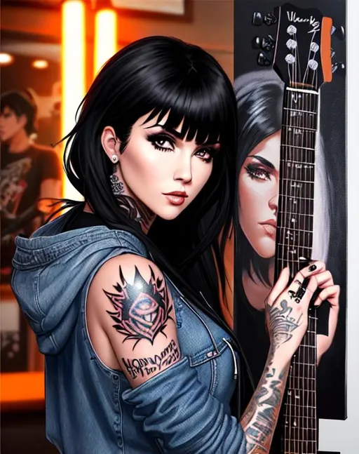 Prompt:  kat von d, 23 years old, tattoos, black hair, playing guitar in crowded bar, parted bangs, brown eyes, ethereal, black emo hoodie,denim shorts wild hair, royal vibe, highly detailed, digital painting, Trending on artstation , HD quality, Big Eyes,artgerm, by Ilya Kuvshinov