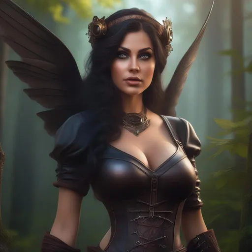 Prompt: Epic. Cinematic. 4k.  8k.  Wide angle. Full body shot. Hyper realistic painting. Concept art. matte painting. Detailed Illustration. photo realistic. A beautiful, buxom woman with broad hips. extremely colorful, bright eyes,  standing in a forest by a sleepy town. Shes a Steam Punk, goth style witch.  A distinct Winged fairy, with a skimpy, very sheer, gossamer, flowing outfit.  A picturesque Halloween night.  Octane render. Trending on artstation.