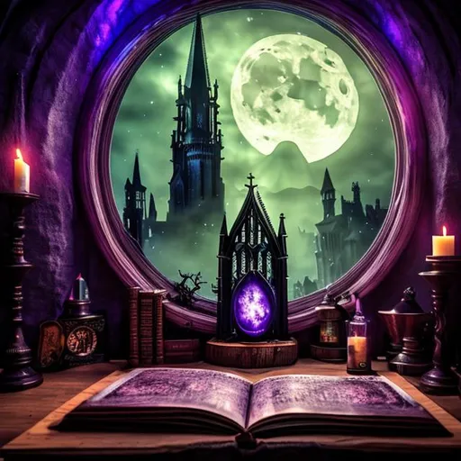Prompt: HD, 4K, 3D, Stunning, magic, cinematic camera, interior design,gothic witch studio room, ethereal,gothic enchanted,bookshelf, light contrast, witchy ambient, purple and green sunstrails, moon glow, cauldron, magic books, chaise longue, full moon outside, gorgeous gothic windows