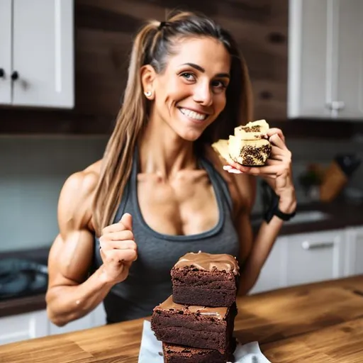 Prompt: A fitness woman with surprise face, showing a delicious brownie in a beautiful home kitchen