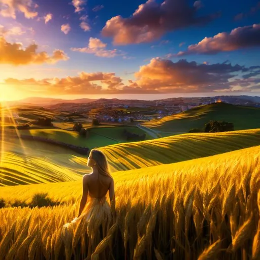 Prompt: HD 4k 3D 8k professional modeling photo hyper realistic beautiful greek woman ethereal greek goddess of grain, agriculture, harvest, growth, and nourishment
blonde hair hazel eyes gorgeous face tan skin yellow shimmering dress full body surrounded by magical glowing sunlight hd landscape background of enchanting mystical wheatfield at sunset 