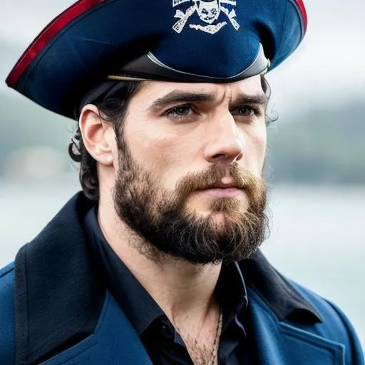 Prompt: henry cavill with a beard as a pirate captain hat blue long coat red 