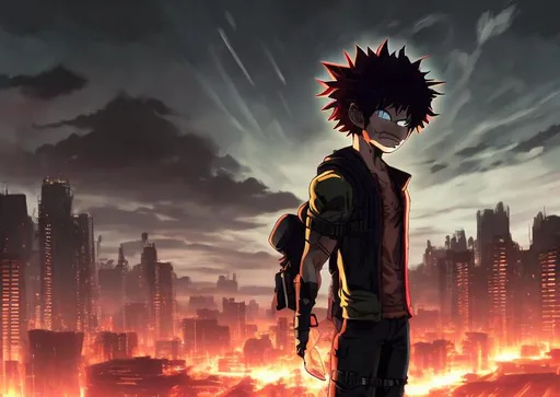 Prompt: Long exposure. post-apocalyptic background with nuclear blast. anime. Vigilante deku