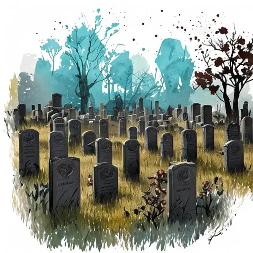 Prompt:  Rural cemetery , Sketch, Acir Galvão Piragibe illustration style, messy brush strokes, ink splotches, watercolor, gouache