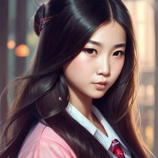 Prompt: A stunningly beautiful young Asian school girl, long hair, Highly Stylized Face, Fantastically Intricate, Detailed, Extremely Complex,  vibrant,  sharp focus,  wlop,  artgerm,  kuvshinov,  unreal engine, trending on artstation, cute