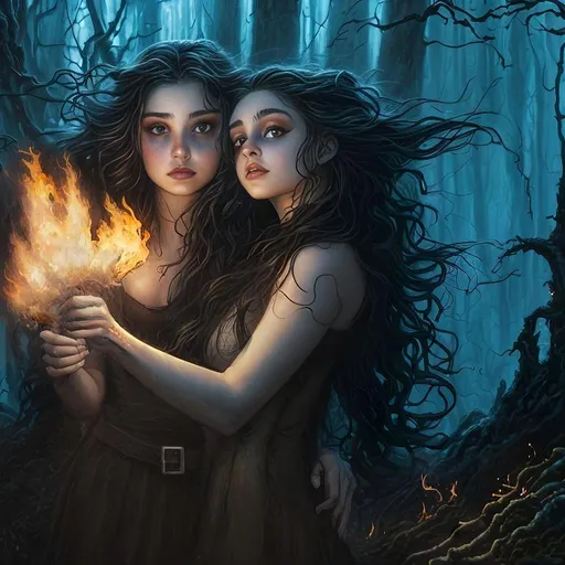 Prompt: Witches casting fire magic, Cris Ortega and Luis Royo, oil painting, neutral nail polish fingers splayed out, full body depiction of beautiful small witch, simple gowns, both hands together thumbs touching outstretched firing fire magic, fire flying from hands like flame thrower, surrounded by forest with plants, beautiful faces, detailed face, prominent face, visible face, big expressive eyes, very big beautiful face, determined expression, high quality, very detailed, beautiful female wizard, small body, prominent visible eyes, face like Phoebe Tonkin, Alexandra Daddario, Ariana Grande, Natalie Portman, Nicole Kidman, Morena Baccarin