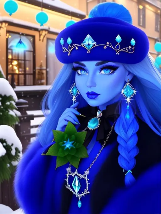Prompt: GeminiTay, Heavy snow, Giant Blue Orb in Sky, Long Straight Blue hair, Ice crystal tiara with Green Flowers, Thick bushy blue eyebrows, medium sized nose, plump diamond shape face,  Blue lips, ethereal blue eyes, Triangle Star earrings, soft ears, Large blue plastic chain around neck, Blue heart necklaces, Purple candy shaped rings, Large blue fur coat with armor underneath. Scaley gloves. Long Blue Skirt with moons.