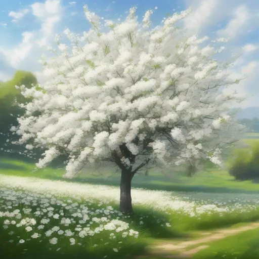 Prompt: White flowers field and blossom tree