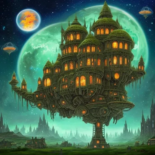 Prompt: fantasy art style, outer space, cosmic, floating house, large house, green house, green windows, green lights, house on stilts, floating house, plane, planes, blimp, flying, floating, drone, spacecraft, spaceship, tall, giant, tower, towers, wings, engines, fans, aircraft, green 