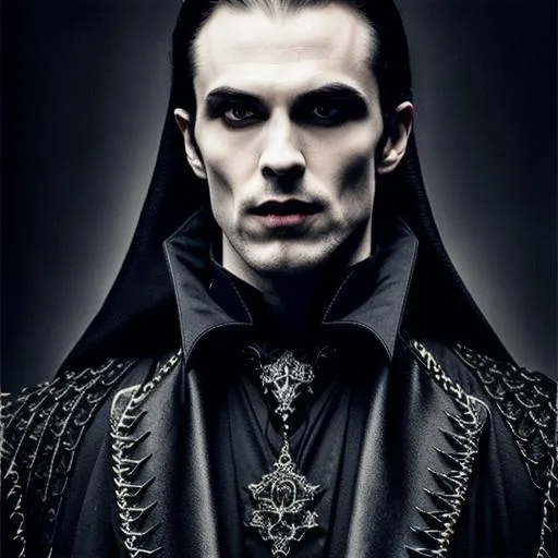 Prompt: a Photorealistic portrait of a vampire lord, grim - lighting, high - contrast, intricate details, elegant, highly detailed, Realistic, Film Quality, smooth, sharp focus, Evil, Sinister, Fangs dripping with blood