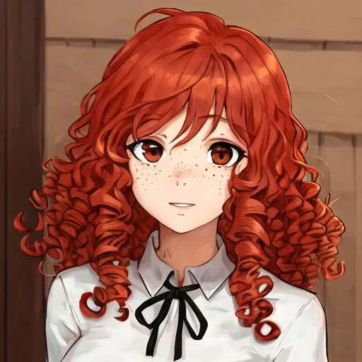 Prompt: Female, red curly hair, freckles, brown eyes