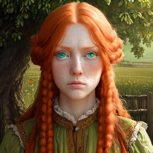 Prompt: Hyperrealistic painting of a peasant ginger women, daytime, somber, 16k, highly detailed, big green eyes, exquisite , highly detailed, fluffy, intricate details, beautiful, lovely, adorable, beautiful, flawless, masterpiece, soft dramatic moody lighting, radiant love aura, ultra high quality octane render, hypermaximalist, one eye green, one eye blue