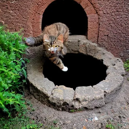 Prompt: cat falling into a well