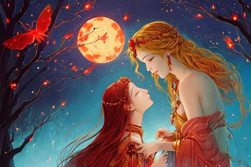 Prompt: goddes of the sun kissing the goddes of the blood
sparkeling moonlight and red fireflies,






