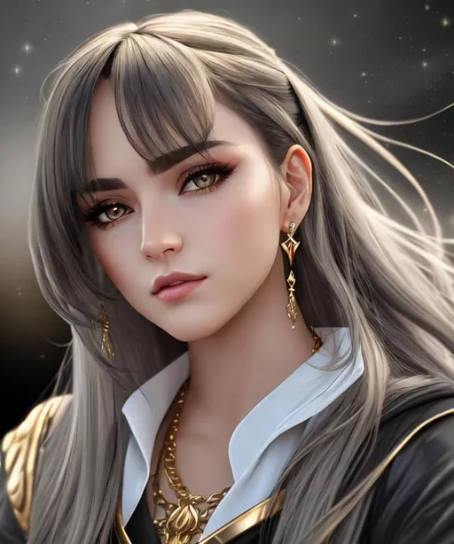 Prompt: 8k resolution ultra realistic picture of a beautiful girl, Gold, full HD girl, long black hair, sad, beautiful grey eyes, classic design, elegant clothing,warm colors