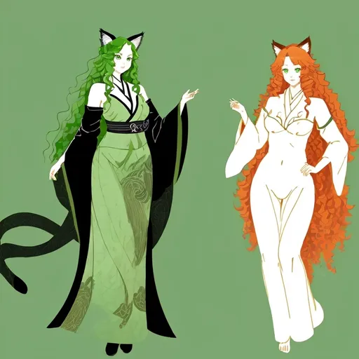 Prompt: Japanese Ink Drawing, Celtic woman's face with cat ears and tail, long red curly hair, detailed green eyes, detailed skin texture, full body view, diffused lighting, delicate, artistic, beautiful, 