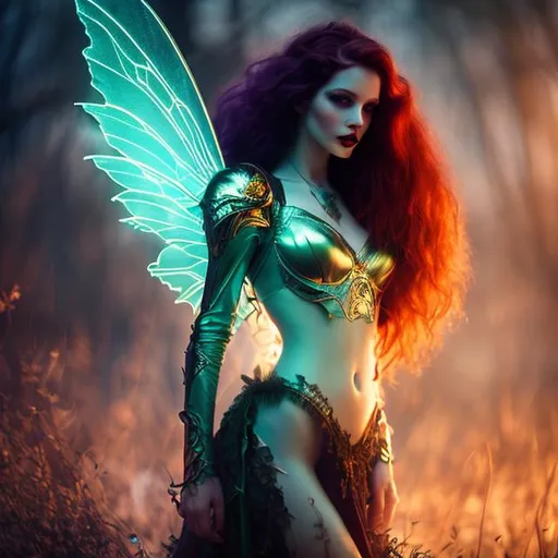 Prompt: HD, 4K, 3D, Stunning, magic, cinematic camera, gothic beauty, ethereal green wings,fairy queen,gothic enchanted, light contrast, long, curly redhead hair, lovely, romantic, tender, purple light, moon glow, perfect female beauty, intricate, pale traslucent skin, golden ratio, look in camera, gorgeous sinuous body, female body,gorgeous eyes
