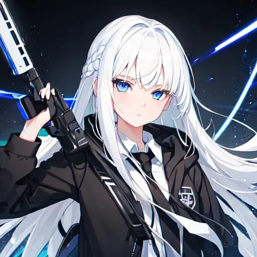 Prompt: A white hair girl with blue eyes wearing black headphone, a black hoodie, black tennis skirt, school uniform, black necktie, 4k, blue LED on two long black antennas is fighting aliens with her rifle