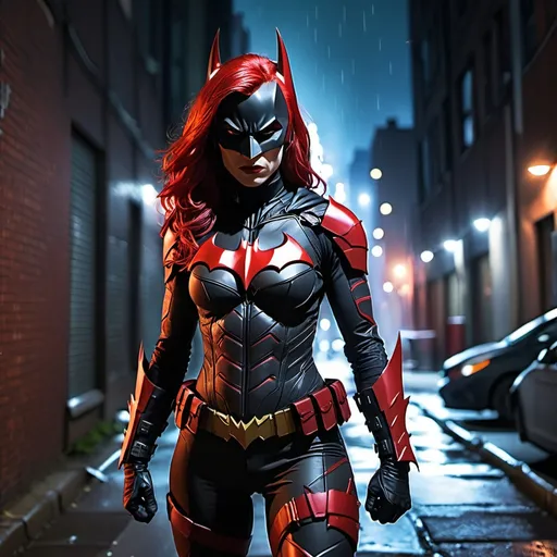 Prompt: Female demon Batman, Linakra malicious, sinister, red hair, outdoor Gotham City alleyway, black and red Batman suit, pretty, imposing, battle stance, ready to fight, 50-year-old woman, armor, night time, dark atmospheric