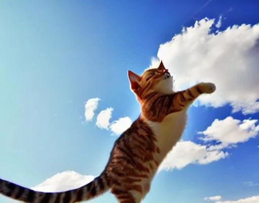 Prompt: Cat flying in Blue sky
