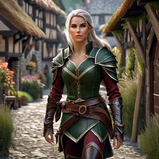 Prompt: D&D half-elf female walking through a village,  highly detailed, professional, render, Sharp focus, HD, UHD, HDR, hyper realistic, leather armor