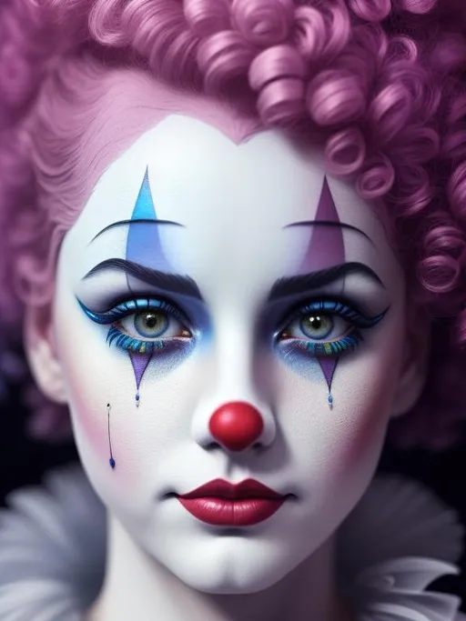 Prompt: beautiful clown, ,Sad clown, sad-eyed clown, tearful, dreamy, dreamy, perfect face, perfect eyes, perfect lips, perfect nose, intricate details, sharp focus, depth of field, volumetric lighting, fantasy majestic clothes, smooth soft skin, symmetrical face, soft lighting, detailed face, concept art, digital painting, ethereal, epic, 32k, intricate details, sharp focus, trending on artstation, kids story book style, muted colors, watercolor style