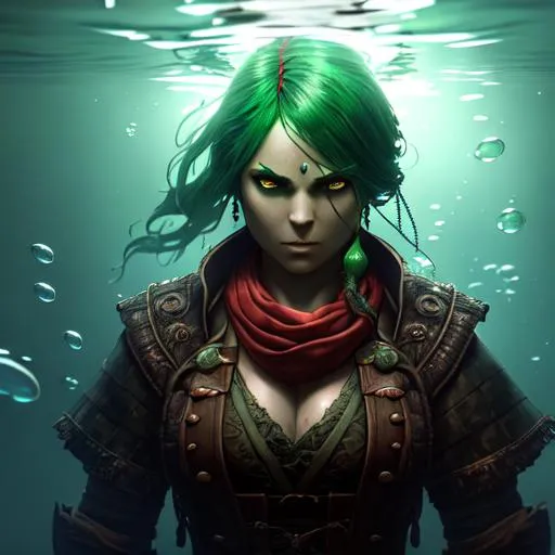 Prompt:  a hyperdetailed drowned, female pirate with no hair, green skin, angry face and red bandana to cover his mouth, holding an serrated dirk,

hyperdetailed clothes,

under water, deep ocean, shipwracks, water bubbles,

petroleum lamp, cinematic lighting, cinematic shadows, less light, silent, dark atmosphere,

album cover art, 128K resolution,