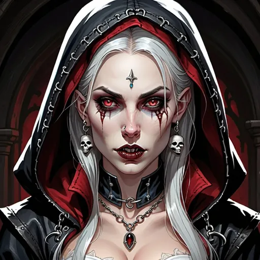 Prompt: Ravenloft half-vampire female with long black-flowing, silver-highlighted hair. Her skin is pale, her eyes are shaped like cats eyes that are a little larger with blue-grey pupils. Her earlobes have skull hoop charms dangling from them. She has long vampire fangs hanging over her dark crimson lips. Her clothes are black leather with a dark red and white laced corset and her hood is up on her head. Her jewelry is dark with a skull pendants. She has a deep scar on the left side of her face