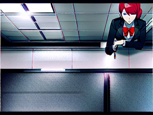 Prompt: Persona 6 gameplay, art by Shigenori Soejima, female protagonist, subway station, heads up display, third person.