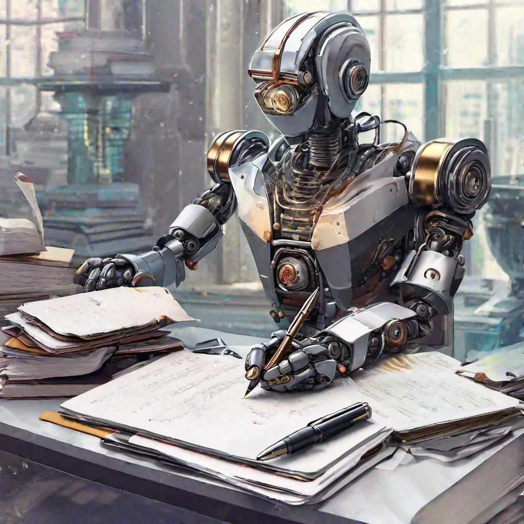 Robot writing an article with a fountain pen, books,... | OpenArt