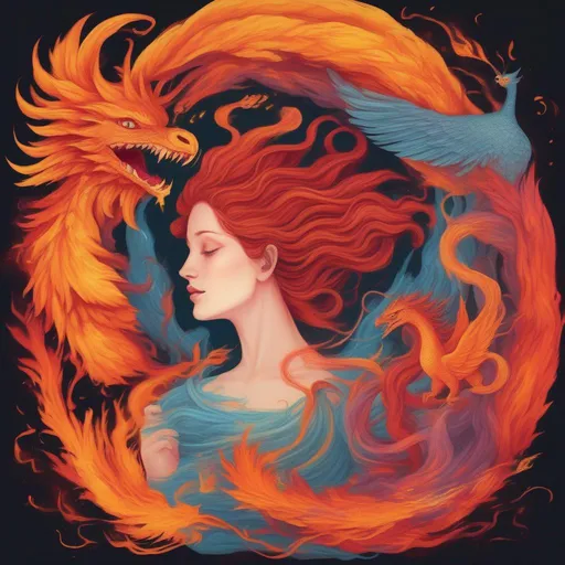 Prompt: A colourful and beautiful Persephone, with hair being made out of fire and lava, surrounded by a dragon and a phoenix, in a painted style
