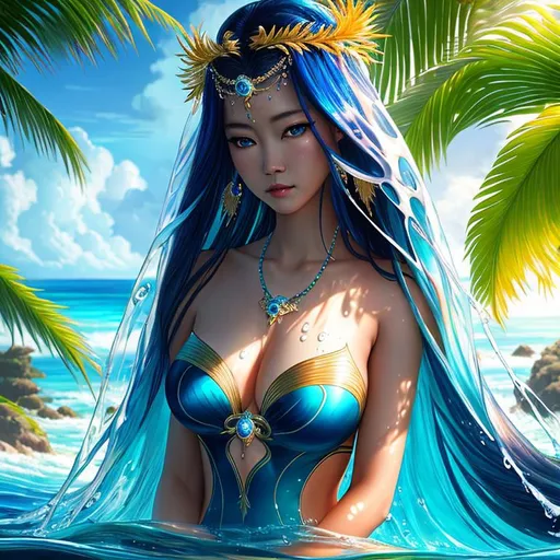 Prompt: Tropical Epic Beautiful Aquatic (Beautiful melancholy {goddess}female liquid satin}), hyper realistic, expansive oceanic background, hyper realistic, 8K --s99500