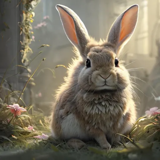 Prompt: rabbit, fluffy, innocent, light, nuance, foliage, ruins, concept art, artistic, professional, painted