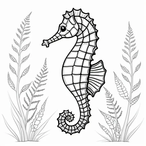 Prompt: create a simple, cute, but realistic, large, animal drawing of a seahorse
 with no shading in thick black outline, black lines only leaving space for kids to color in, include minimal landscaping relating to the animal. Drawings to be suitable for a kids coloring book ages 2-5, make sure not to use existing works.