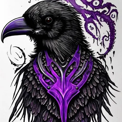 Prompt: mostly black and a bit of purple lovecraftian style raven bird tattoo