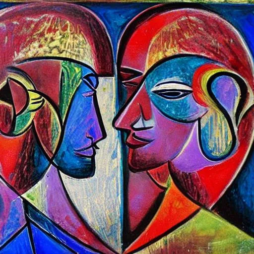 Prompt: Abstract art Picasso style mixed with Da Vinci of Love between A man and woman with the universe connected between these two binding them together forever with a beautiful Love Abstract art Realistic Painting hidden message and items in image picture painting two spiritual souls bonded together through Love enlightened 