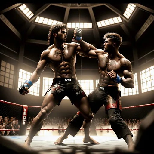 Prompt: 3D, HD, Dramatic, Epic, Spectacular, Cinematic lighting, Two MMA fighters locked in brutal combat in a blood stained octagon cage match as the crowd goes wild with excitement!, ultra detailed full body artistic photography, detailed rugged Gorgeous detailed face, shadows, oil on canvas, brush strokes, ultra sharp focus, ominous, matte painting movie poster, golden ratio, epic, intricate, cinematic character render, hyper realistic, 64K --s98500