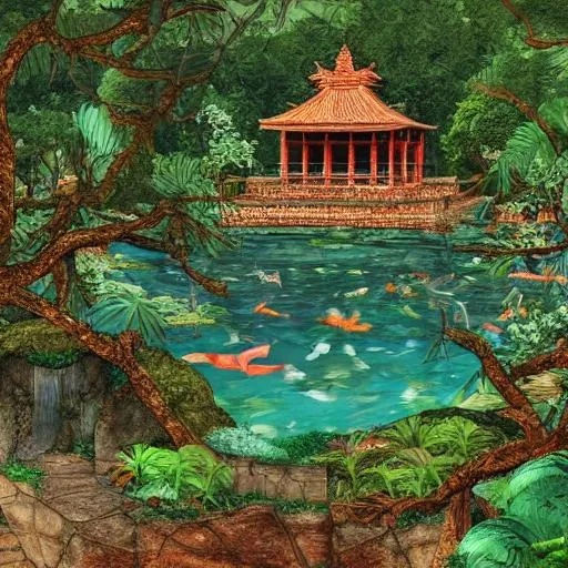 Prompt: a concept art portrait of an ancient temple in the forest, koi pond and dense foliage