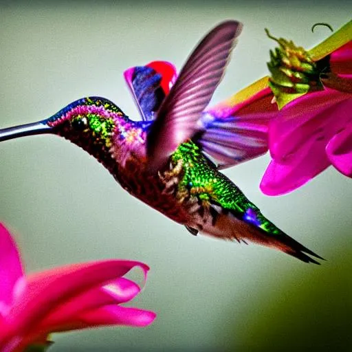 Prompt: Magic hummingbird with iridescent feathers  on flower