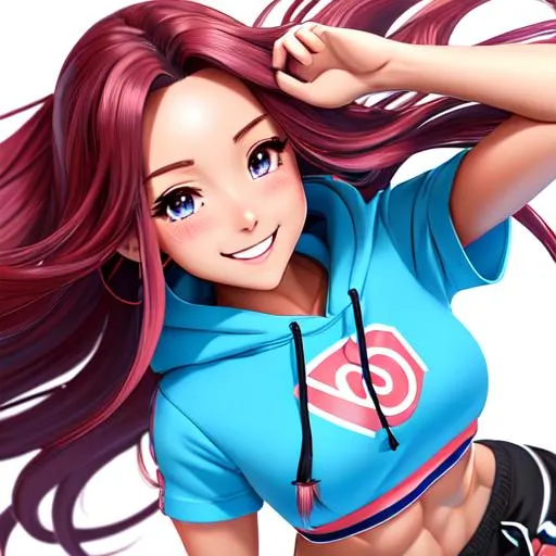 Prompt: extremely realistic, hyperdetailed, extremely long blue wavy hair anime girl, deep red blush, smiling happily, wears cropped hoodie, wears dolphins shorts, toned body, showing abs midriff, highly detailed face, highly detailed eyes, full body, whole body visible, full character visible, soft lighting, high definition, ultra realistic, 2D drawing, 8K, digital art