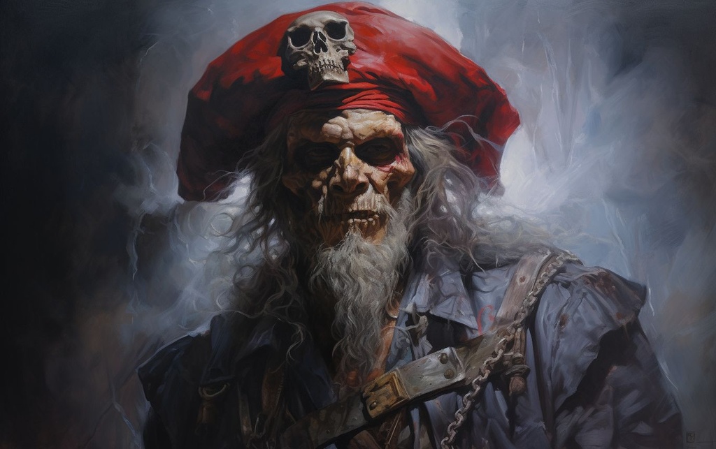 Prompt: colored pirate emerge in the gray oil painting