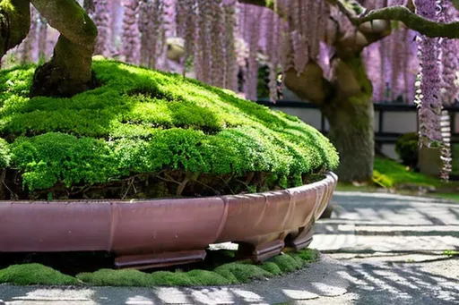 Prompt: Hyper-realistic Japanese moss-covered bonsai forest overlooking Tokyo. Shadows. Cherry blossoms. Wisteria. Magnolia trees.