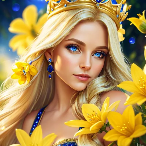 Prompt: Pixie dust princess, long blonde hair, sapphire eyes,  crown of yellow flowers in her hair,  facial closeup