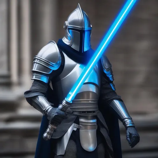 Prompt: a knight with a blue lightsaber