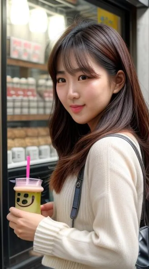 Prompt: Realistic photo, HD, Korean Instagram, cute woman, Seoul, boba tea, boba shop, beautiful, attractive, silly, fun 