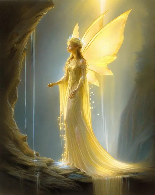 Prompt: A luminous fairy queen with ((opalescent wings)) and trailing gown steps through a ((magical portal)) into a mystical realm. Golden rays of light illuminate her ethereal form set against a backdrop of misty mountains and waterfalls. In the style of Jean-Baptiste Monge.  